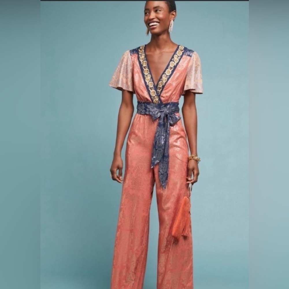Anthropologie Coral Pink and Navy Blue V-Neck Jumpsuit